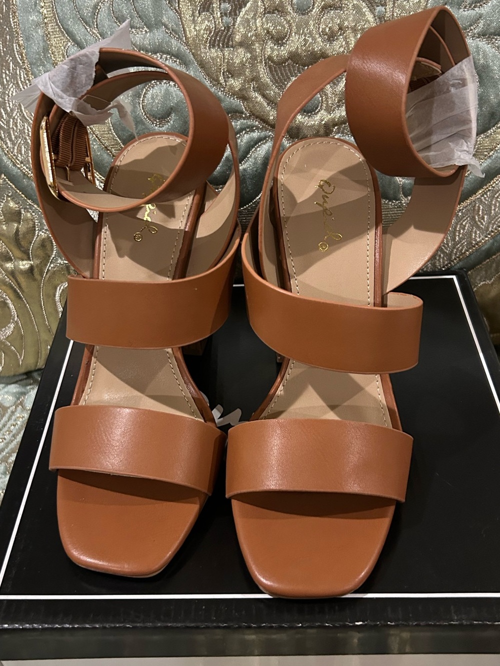 Qupid Tan Strappy Block Heel Sandals